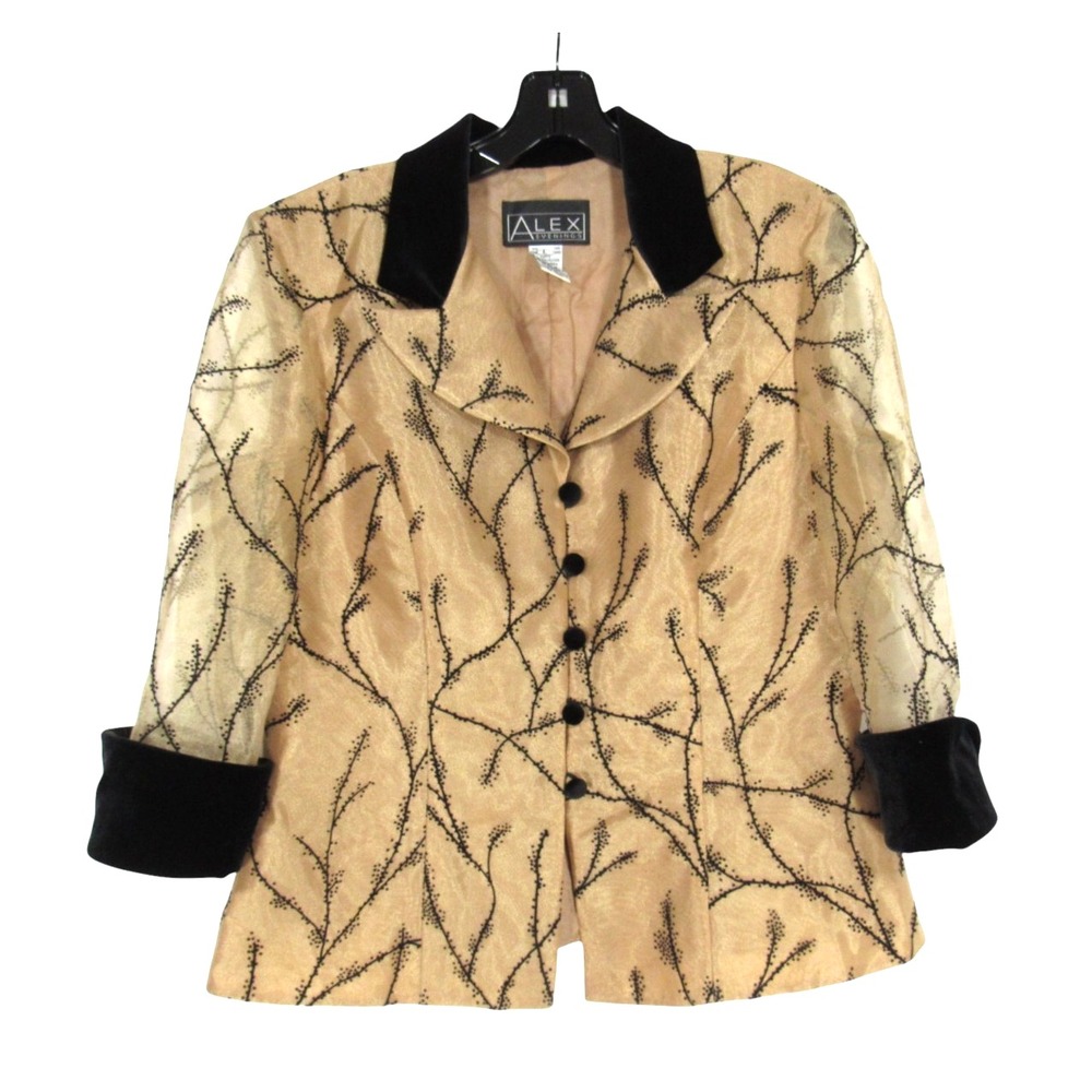 ALEX EVENINGS Gold w/BLACK VELVET BOTANICAL DESIGN Button-Up JACKET/BLOUSE Sz L